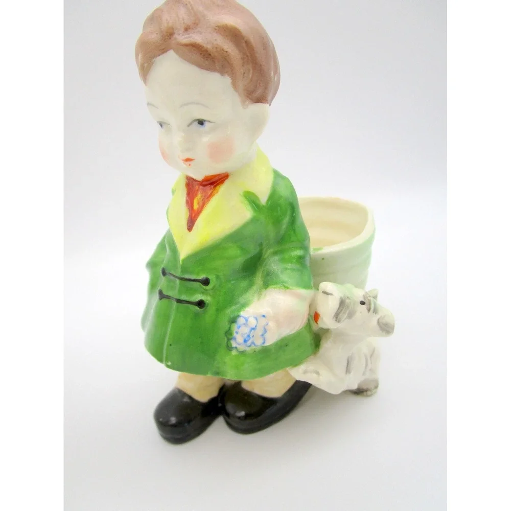 Pair of Vintage Made in Japan Planters Boy Girl Children with White Terrier Dog